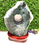 Clock in Amethyst Cluster on Wooden Stand