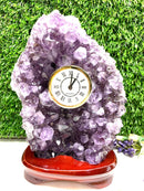 Clock in Amethyst Cluster on Wooden Stand