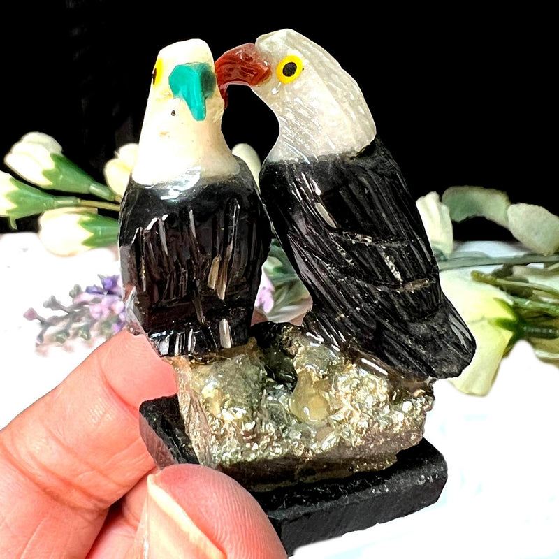 Small Crystal Birds on Pyrite Cluster/ Aragonite Log (Parrots,Eagles, Penguins)