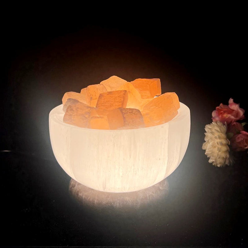 White and Orange Selenite Fire Bowl Lamps
