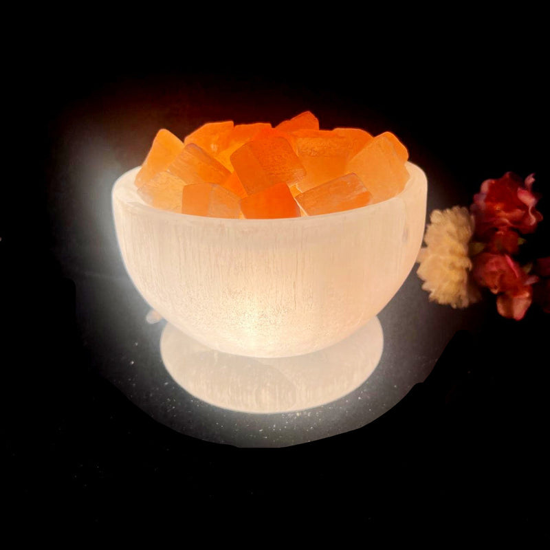 White and Orange Selenite Fire Bowl Lamps