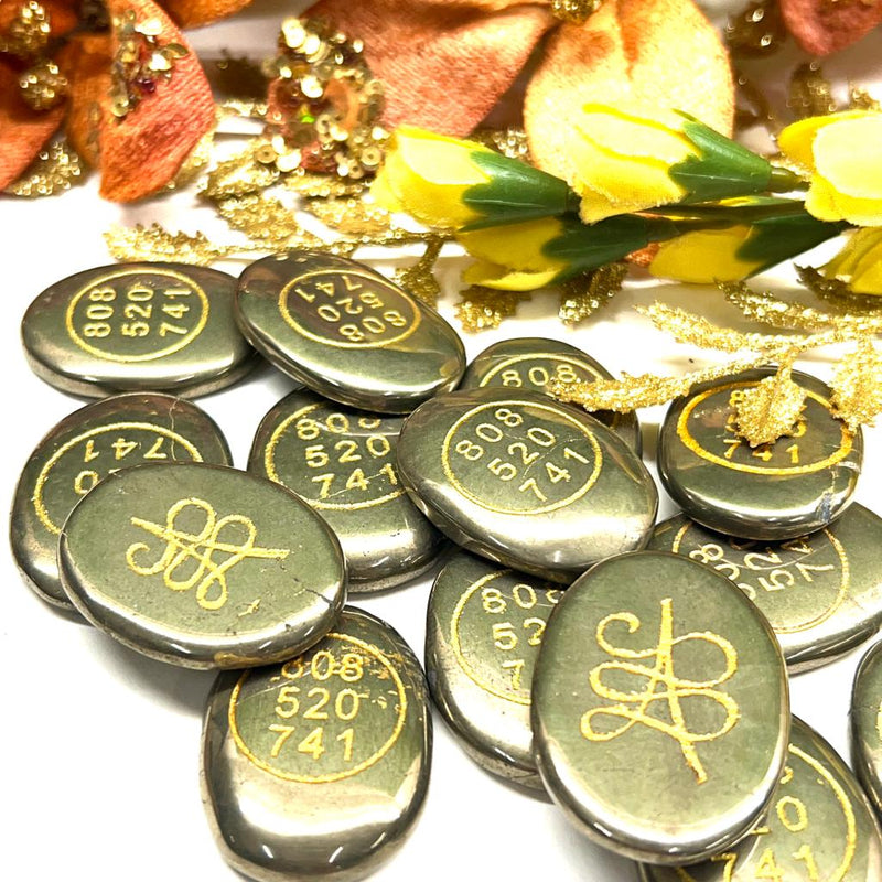 Grabovoi Numbers & Zibu Symbol on Pyrite (Attract Wealth & Fame)