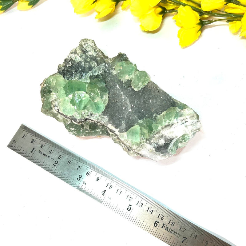 Green Fluorite Clusters on Chalcedony with Stand (Focus & Decision Making)