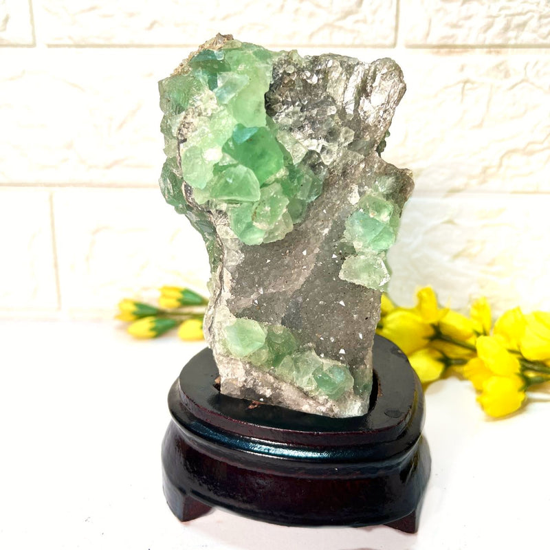 Green Fluorite Clusters on Chalcedony with Stand (Focus & Decision Making)