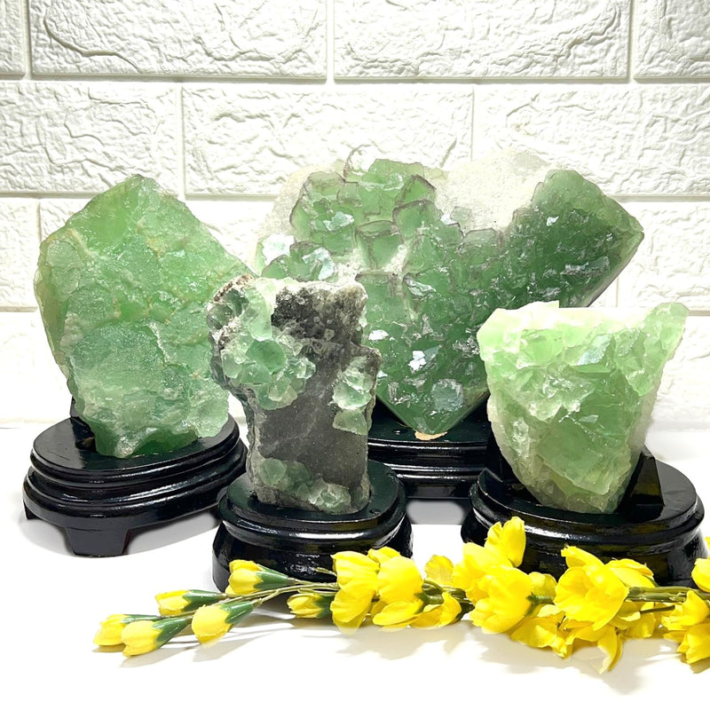 Green Fluorite Clusters on Chalcedony with Stand (Focus & Decision Making)