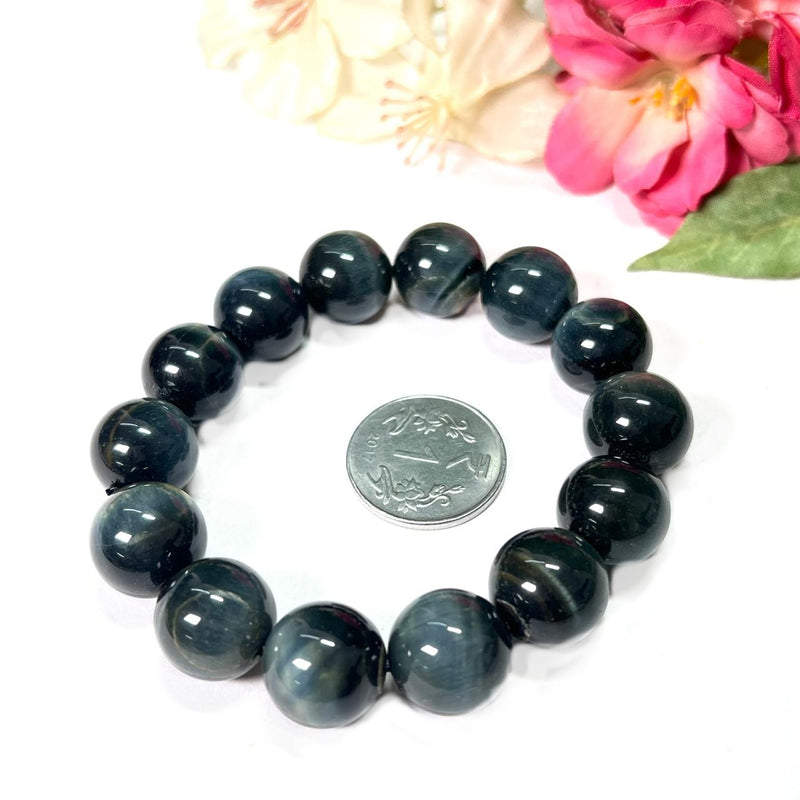 Hawks Eye / Blue Tiger Eye Round Bead Bracelet (Acceptance & Patience)