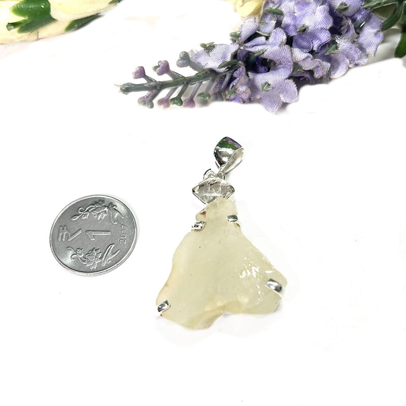 Libyan Desert Glass & Herkimer Diamond Pendant in Silver