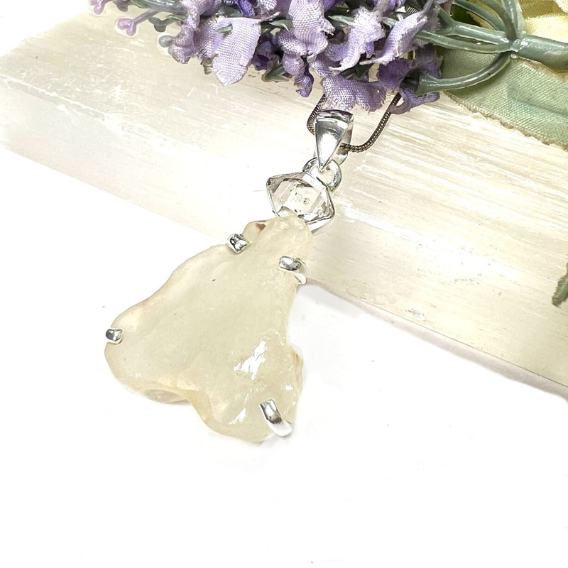 Libyan Desert Glass & Herkimer Diamond Pendant in Silver