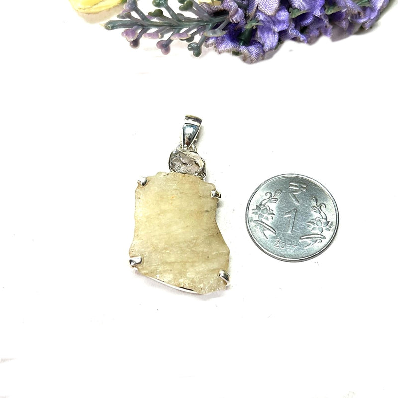 Libyan Desert Glass & Herkimer Diamond Pendant in Silver