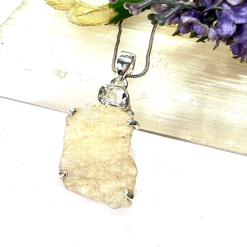 Libyan Desert Glass & Herkimer Diamond Pendant in Silver