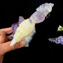 Medium Sized Crystal Parrots on Amethyst Clusters from Brazil