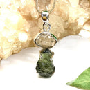 Moldavite and Herkimer Diamond Quartz Silver Pendant