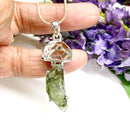 Moldavite and Herkimer Diamond Quartz Silver Pendant