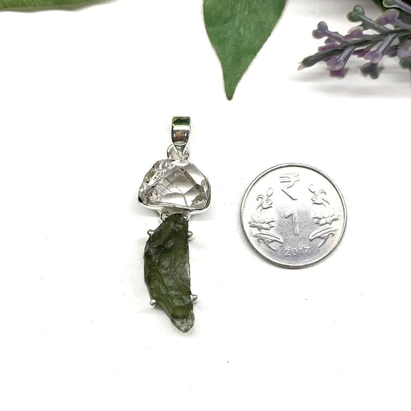 Moldavite and Herkimer Diamond Silver Pendant