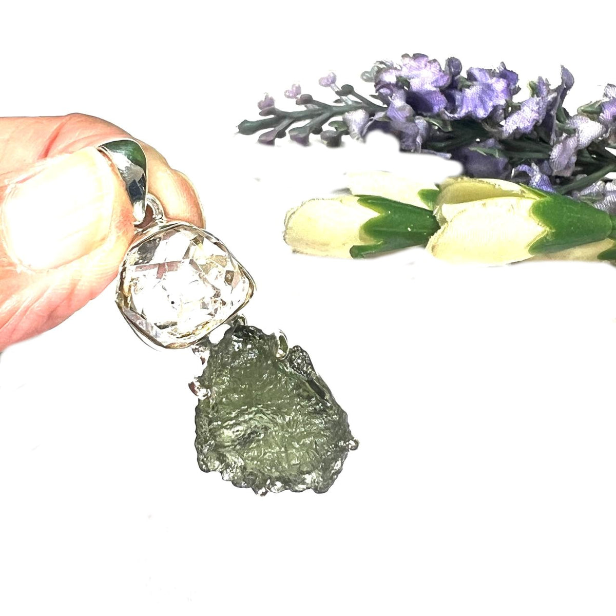 Pendentif En Or 14K Avec Véritable Moldavite Et Diamant Herkimer - Pierre Verte, Création Rocks2Rings - Neuf