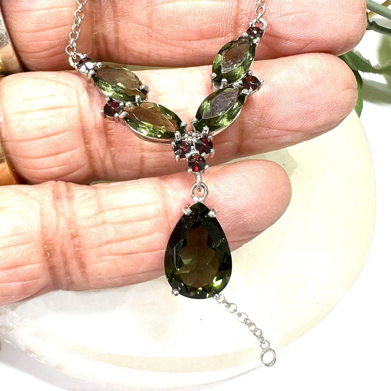 Faceted Moldavite and Garnet Silver Pendant with Chain from Czech Republic