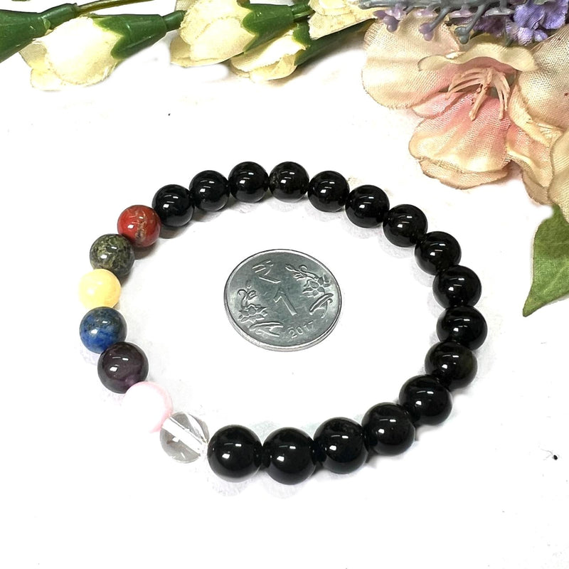Obsidian with Seven Chakra 8 mm Round Bead Bracelet