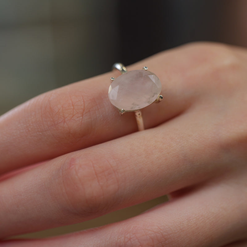 Rose Quartz Adjustable Ring in Silver (for Love and Romance)