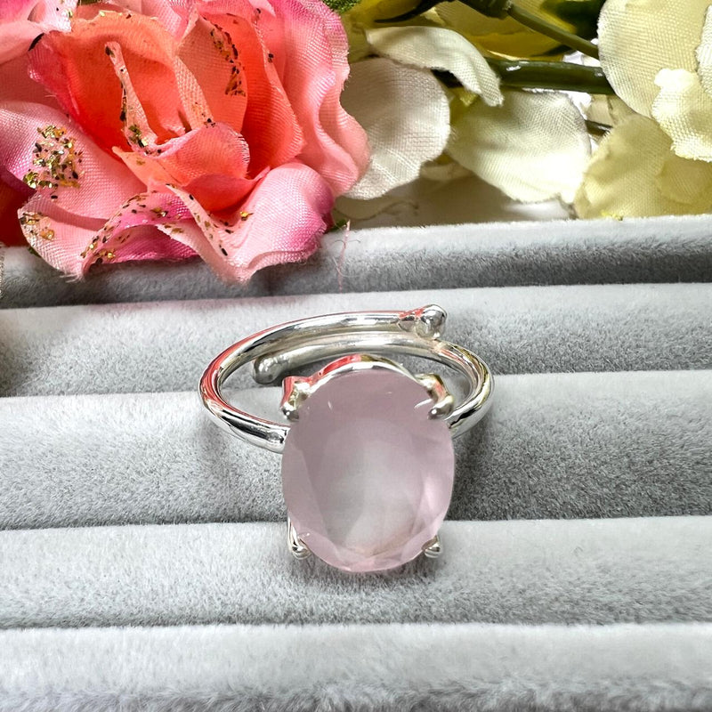 Rose Quartz Adjustable Ring in Silver (for Love and Romance)