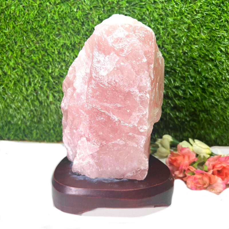 Rose Quartz Lamps on Wooden Stand