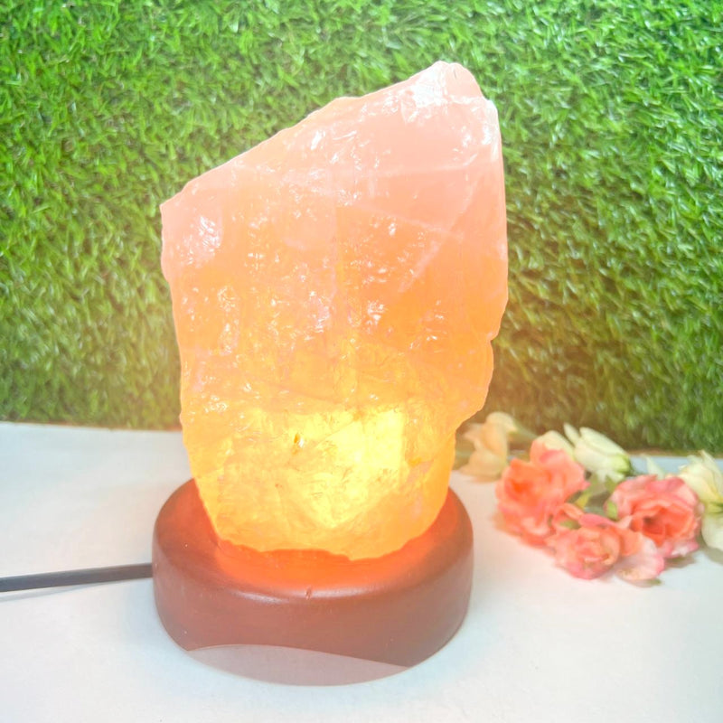 Rose Quartz Lamps on Wooden Stand