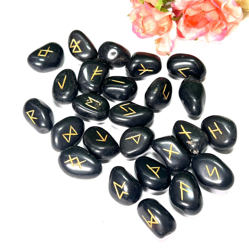 Runes Set on Black Tourmaline Tumbled Stones