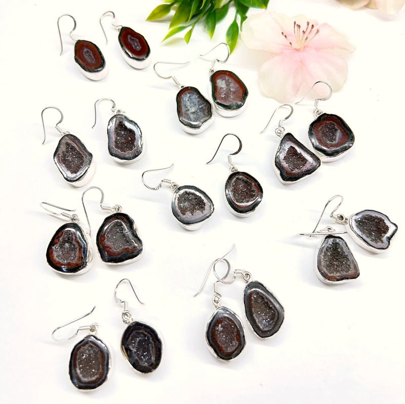 Mexican Tabasco Mini Geode Earrings with Hook in Silver