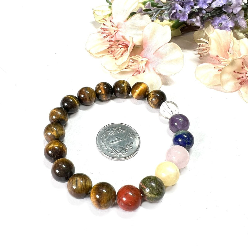 Tiger Eye with Seven Chakra Round Bead Bracelet (Confidence and Balance)