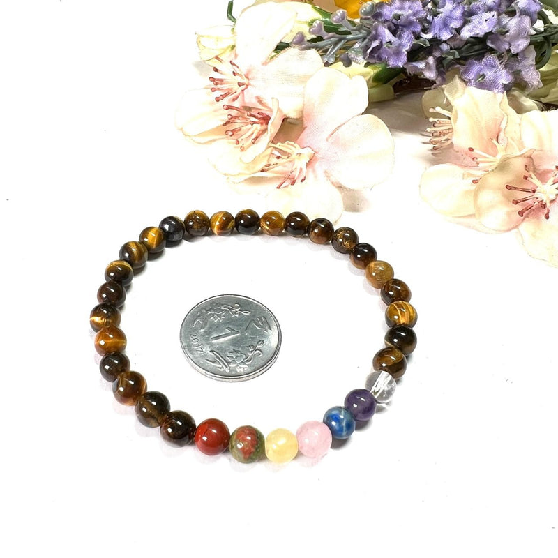 Tiger Eye with Seven Chakra Round Bead Bracelet (Confidence and Balance)