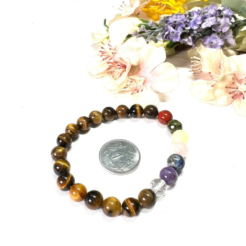 Tiger Eye with Seven Chakra Round Bead Bracelet (Confidence and Balance)