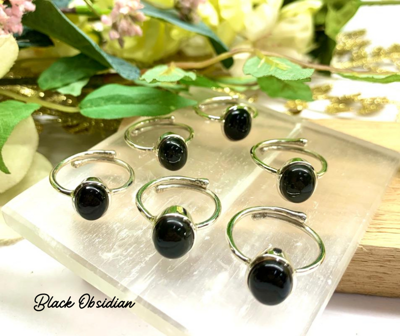Black Obsidian Adjustable Ring in Silver (1 pc)