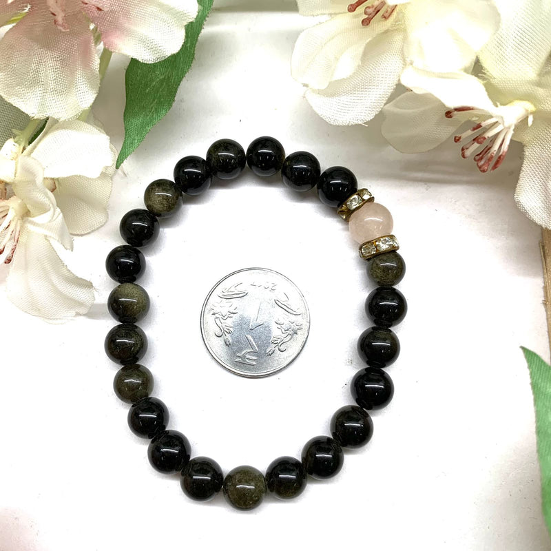 Obsidian with Rose Quartz Round Bead Bracelet (Protection)