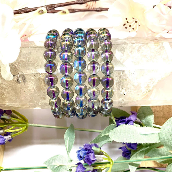 Titanium Aura Quartz  Rainbow Firing Bracelet 8mm Beads Reiki Healing Crystal  Aura