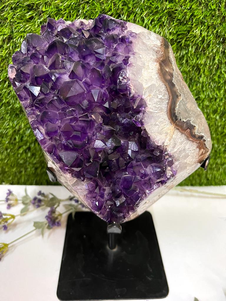 Amethyst Cluster/Open Geode with Agate on Metal stand (AAA Extra Quality)- Enchanter
