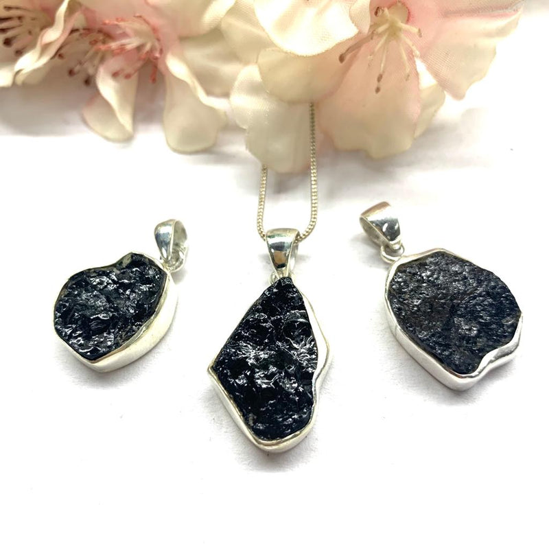 Black Tourmaline Rough Pendants in Silver (Protection from Negative Energy)