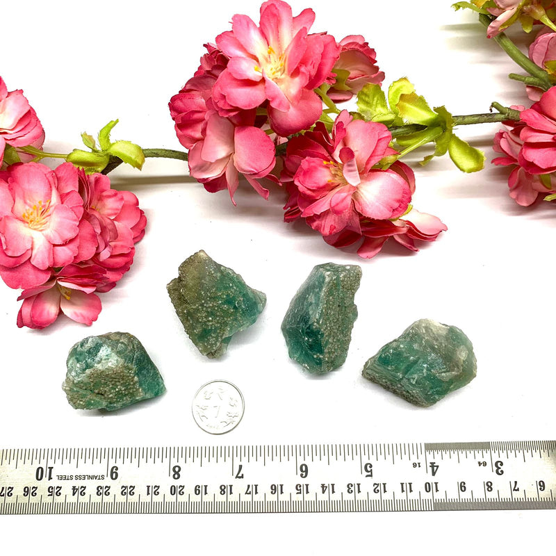 Calcite on Green Fluorite Rough from Morocco (Growth)
