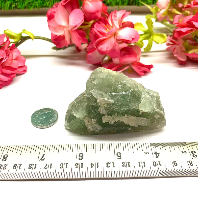 Calcite on Green Fluorite Rough from Morocco (Growth)