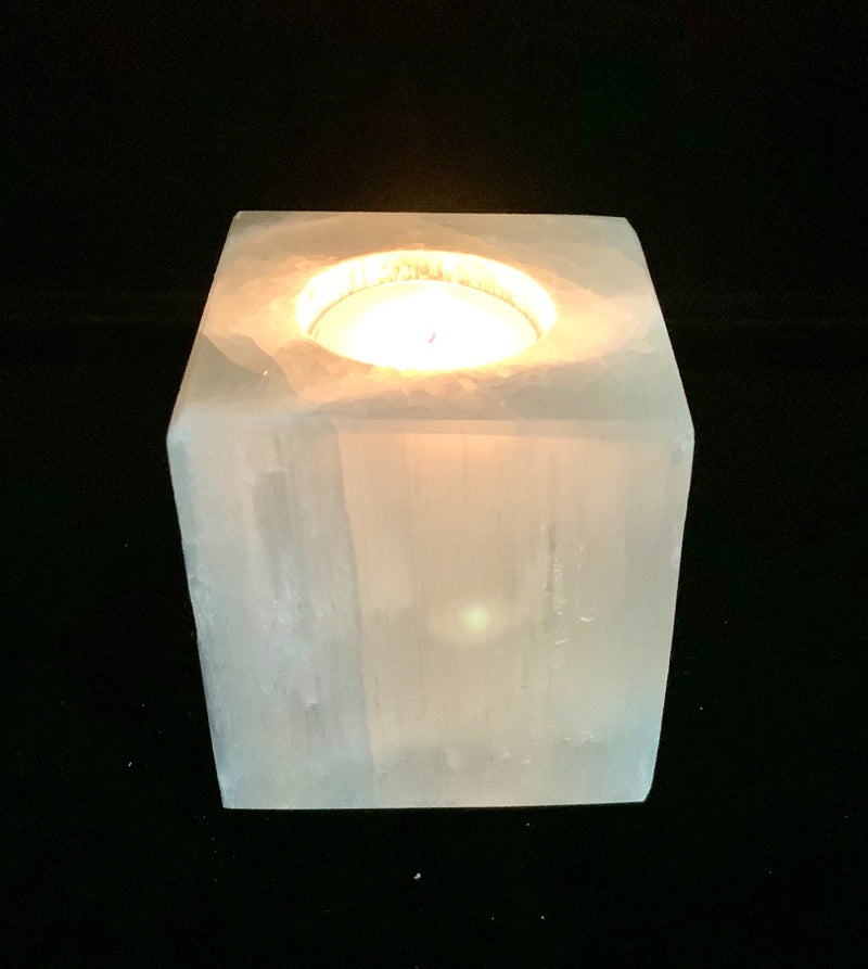 White Selenite Candle Holder - Cube Shape