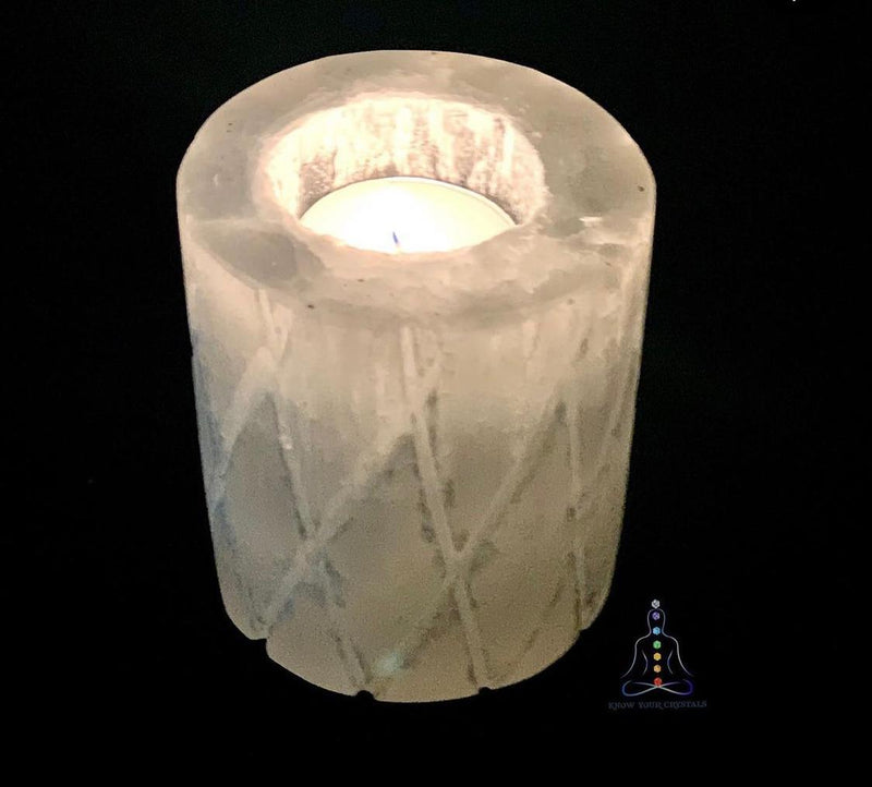 White Selenite Candle Holder - Carved
