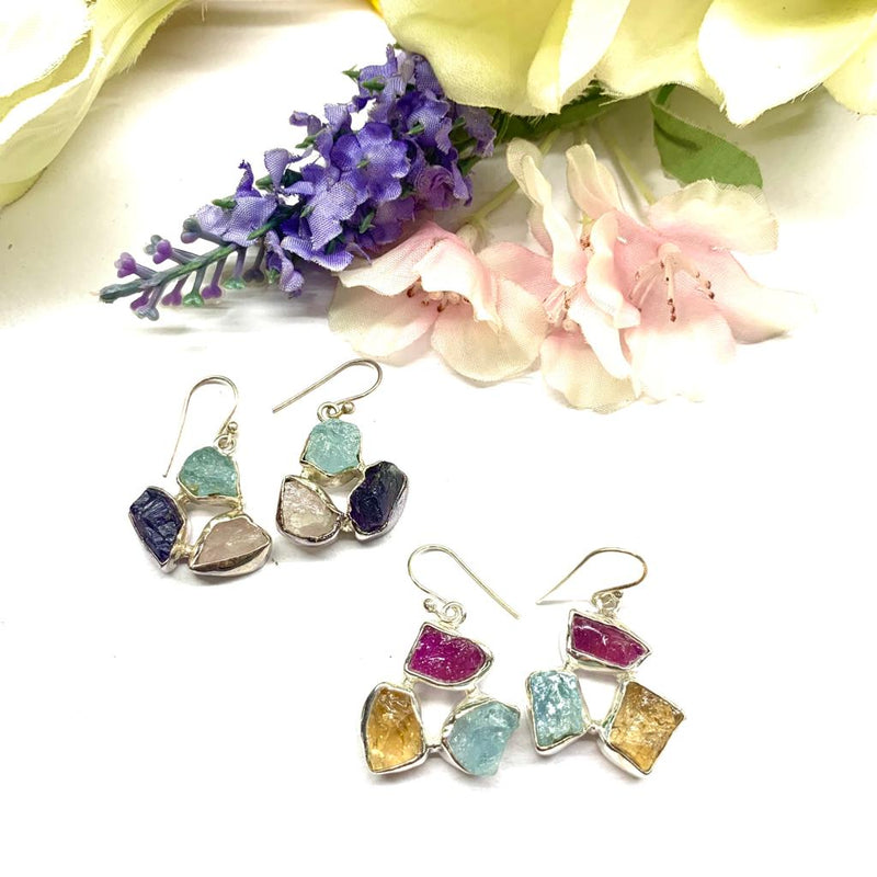Combination Rough Crystal Earrings in Silver