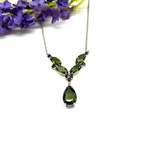 Faceted Moldavite and Garnet Silver Pendant with Chain from Czech Republic