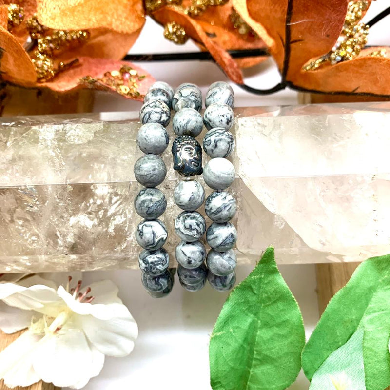 Grey Picasso Jasper Round bead Bracelet