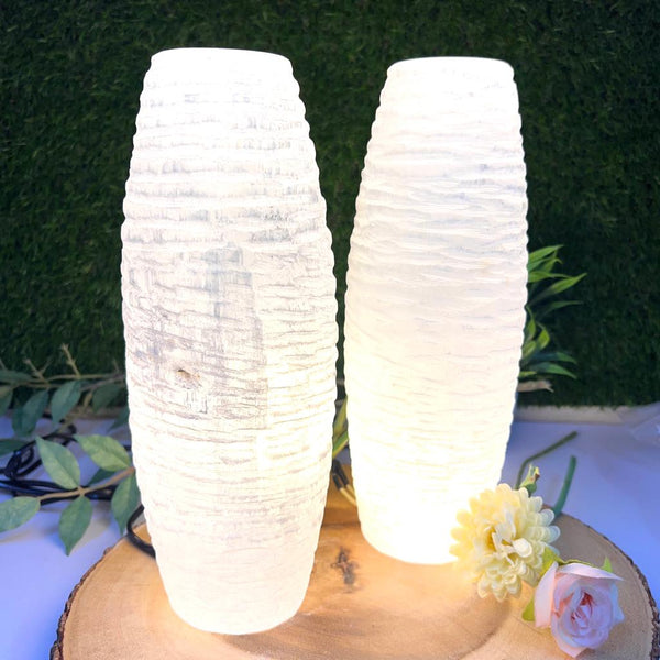 White Selenite Carved Barrel Shaped Lamp