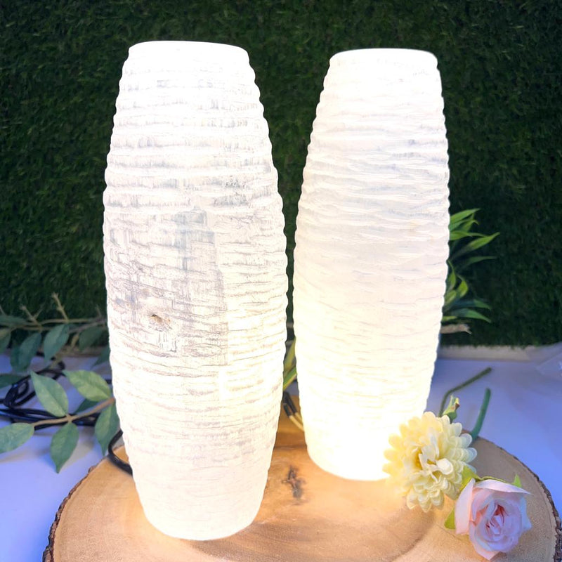 White Selenite Carved Barrel Shaped Lamp