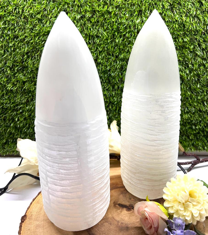 White Selenite Lamp Carved with Polished Dome
