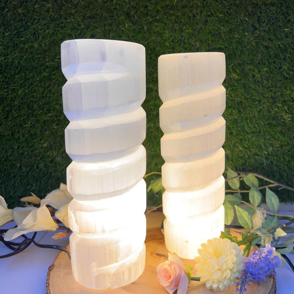 White Selenite Polished Spiral Lamp with Flat top