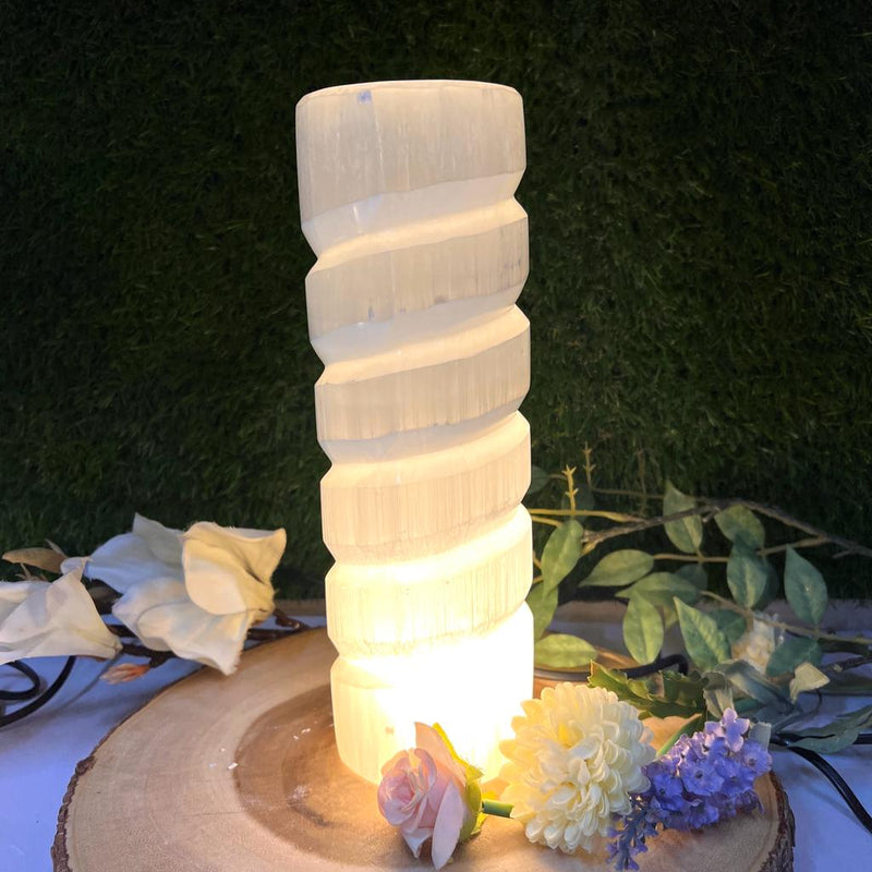 White Selenite Polished Spiral Lamp with Flat top