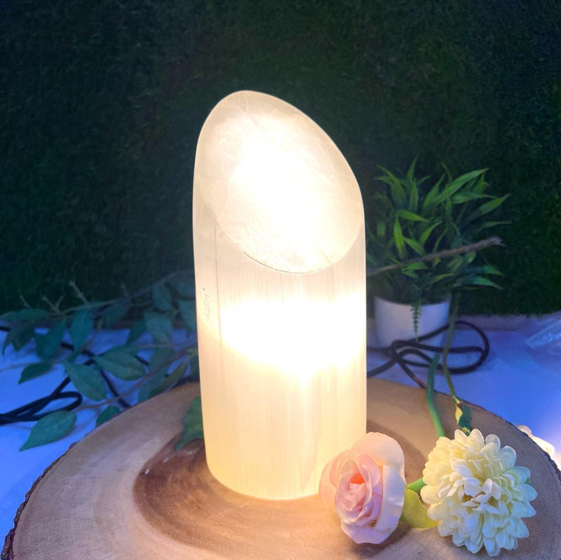 White Selenite Polished Cylindrical Lamp with Slant Top