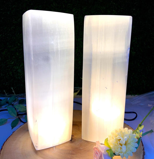 White Selenite Rectangle Tall Polished Lamp