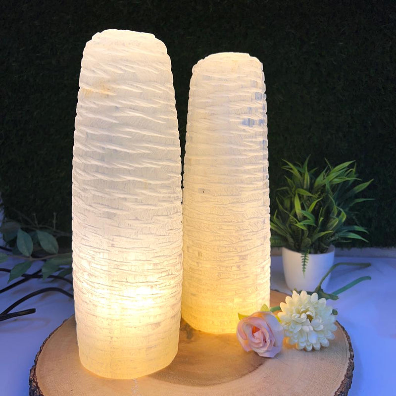 White Selenite Carved Tall Tapered Lamp with Carved Top